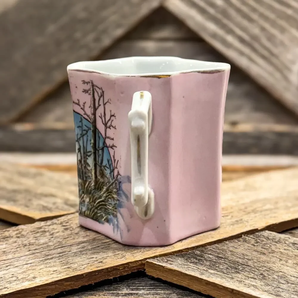 19th Century Victorian Pink Bone China Wishbone Handled Cup w/ Winter Landscape